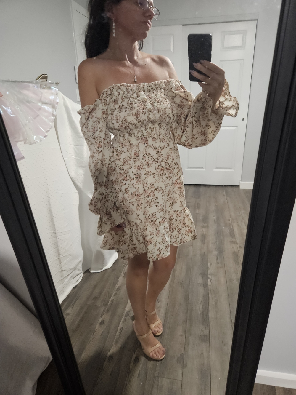 Source Unknown Cream Floral Off-Shoulder Mini Dress